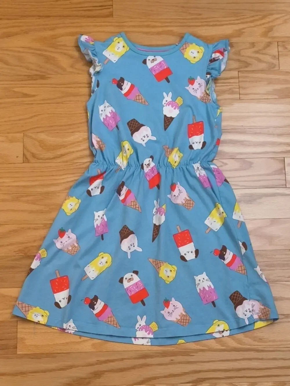 Mini Boden Flutter Sleeve Blue Ice Cream & Popsicle Print Dress Size 11/12 EUC